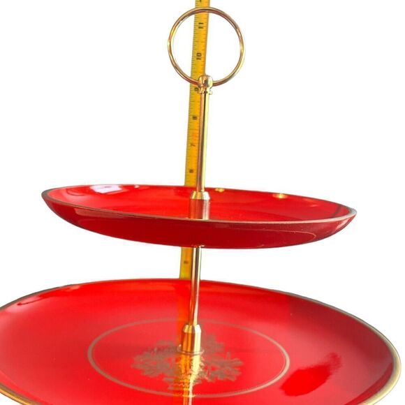 Otagiri Christmas Red Gold Tree Lacquer Two Tiered Tray Appetizer Dessert - Picture 4 of 7